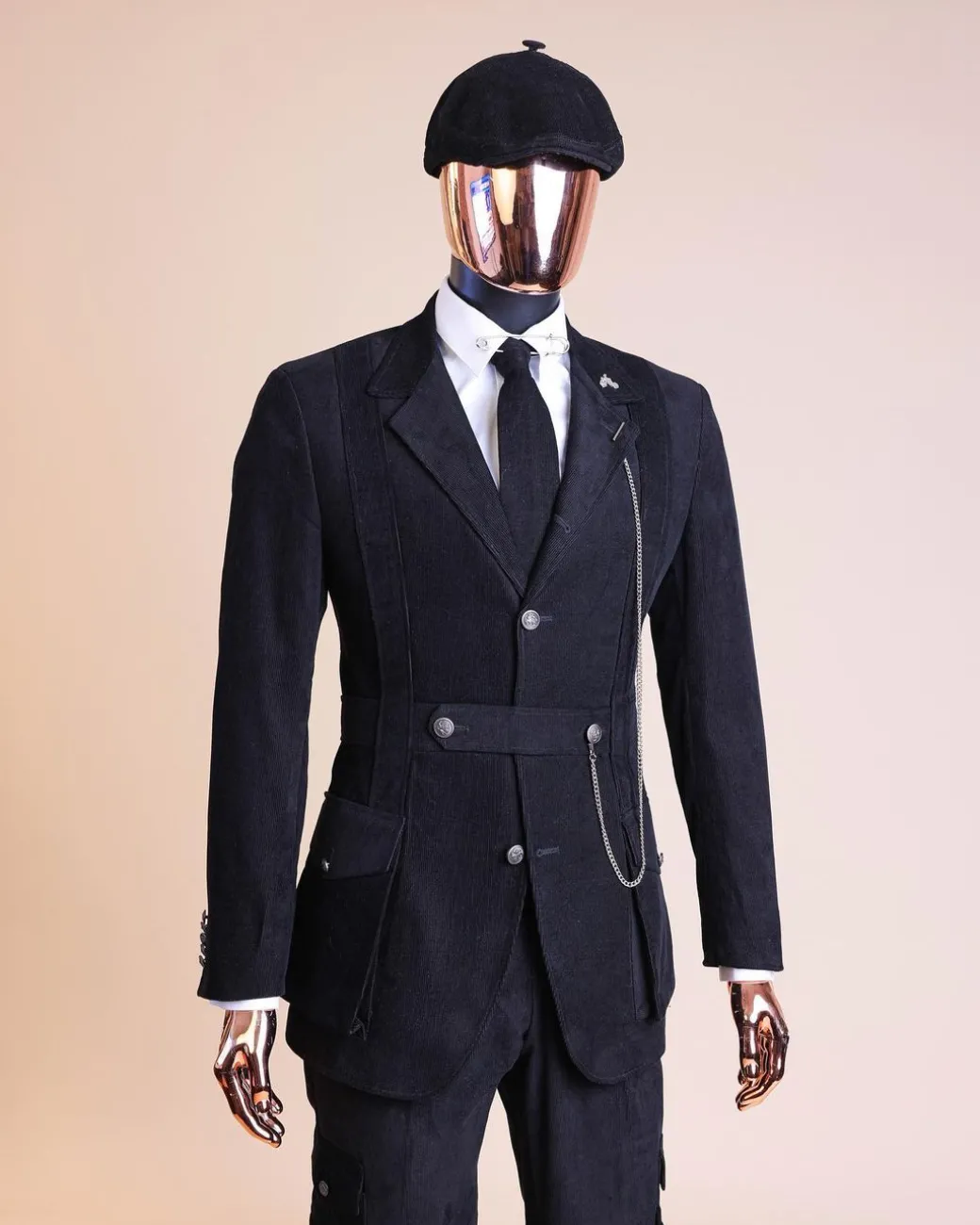 A “Combat” charcoal black corduroy, 3 button safari suit, combat pant trouser & Hat