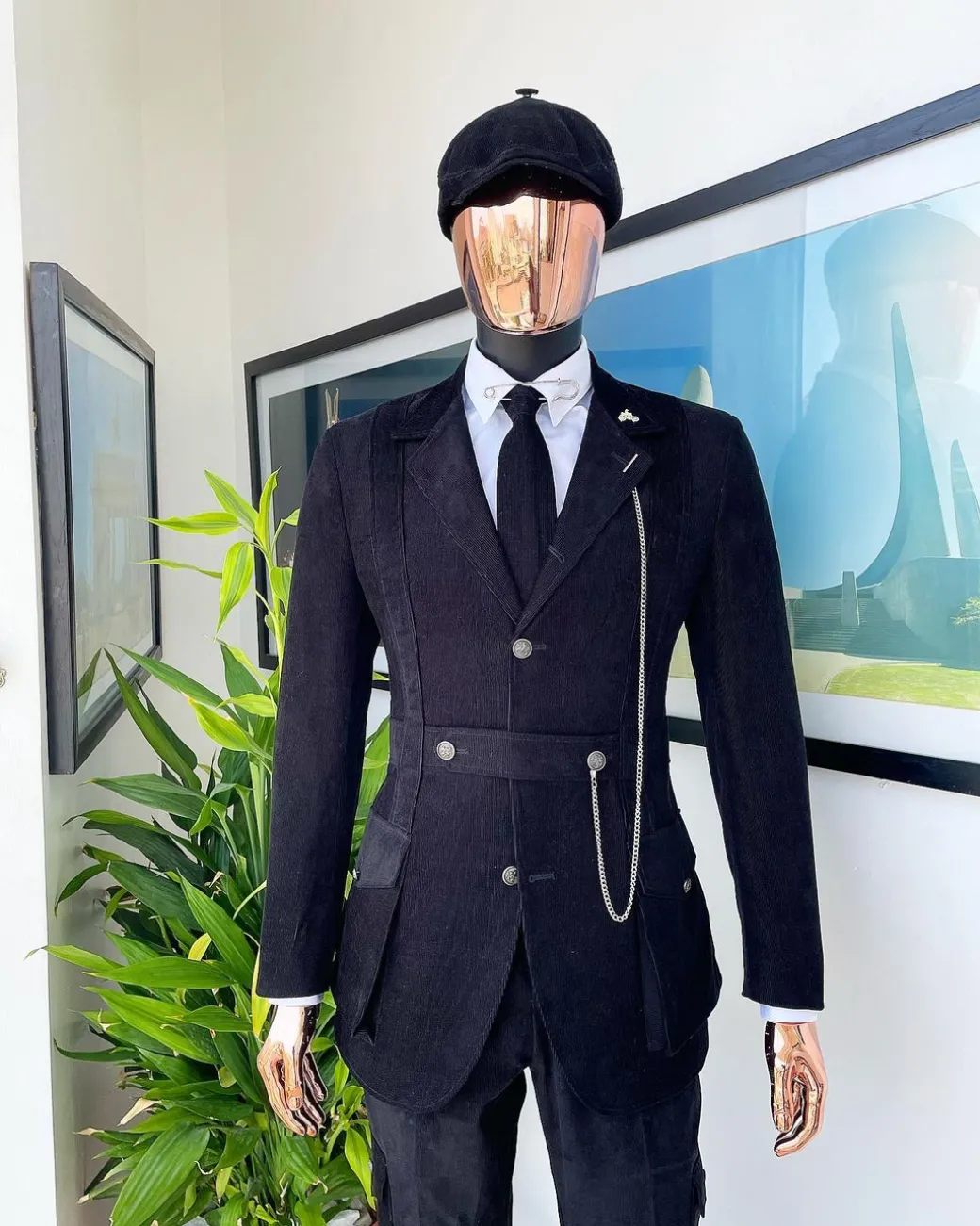 A “Combat” charcoal black corduroy, 3 button safari suit, combat pant trouser & Hat
