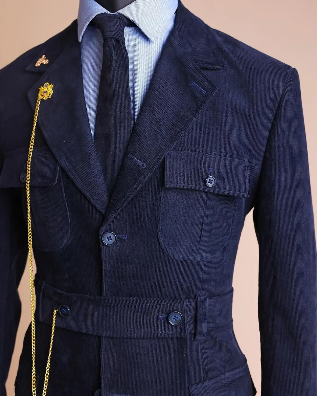 A “Combat” Navy Blue Corduroy, 3 Button Safari Suit