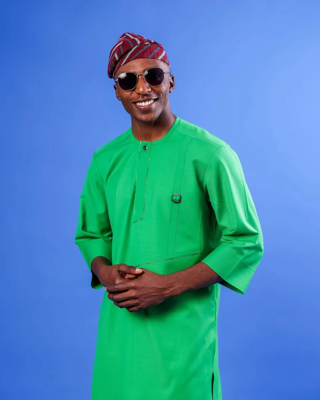 A Cool Green, Double Left Panel With Metal Buckle Details, 3/4 Sleeve African Senator Kaftan Native