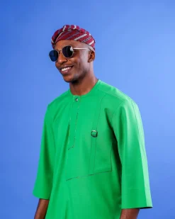 A Cool Green, Double Left Panel With Metal Buckle Details, 3/4 Sleeve African Senator Kaftan Native