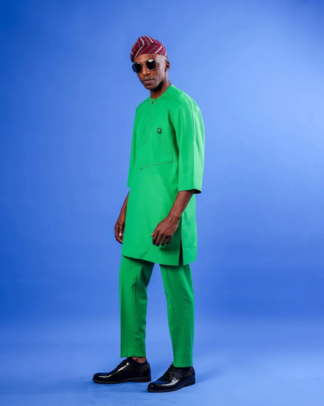 A Cool Green, Double Left Panel With Metal Buckle Details, 3/4 Sleeve African Senator Kaftan Native