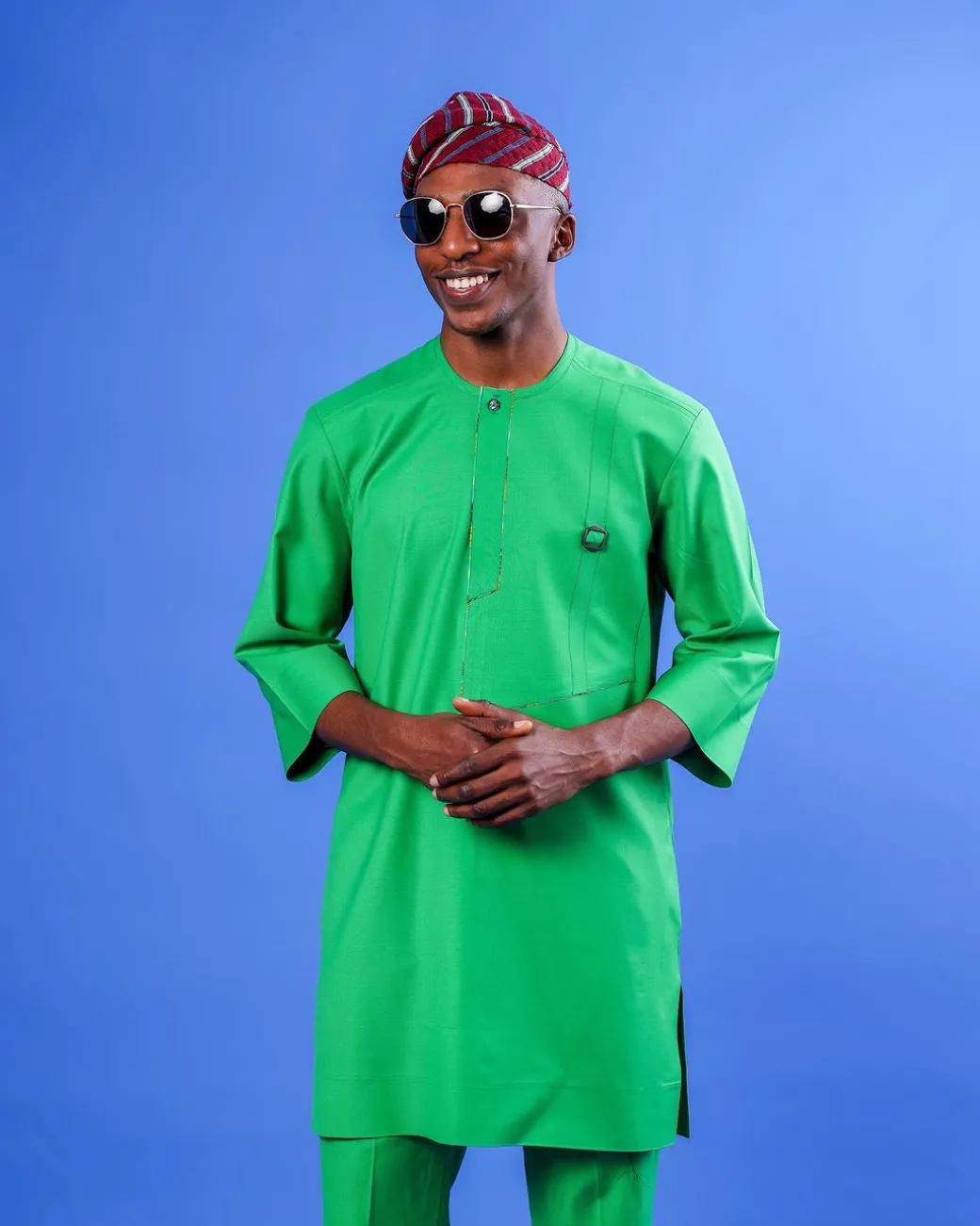 A Cool Green, Double Left Panel With Metal Buckle Details, 3/4 Sleeve African Senator Kaftan Native