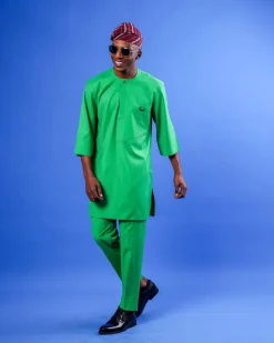 A Cool Green, Double Left Panel With Metal Buckle Details, 3/4 Sleeve African Senator Kaftan Native