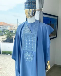 A Corn flower blue Agbada with embroidery, hand knitted Fulani hat, kaftan and sokoto