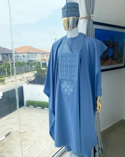A Corn flower blue Agbada with embroidery, hand knitted Fulani hat, kaftan and sokoto