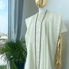 A cream African Agbada with interwoven embroidery design, short sleeve senator kaftan and sokoto