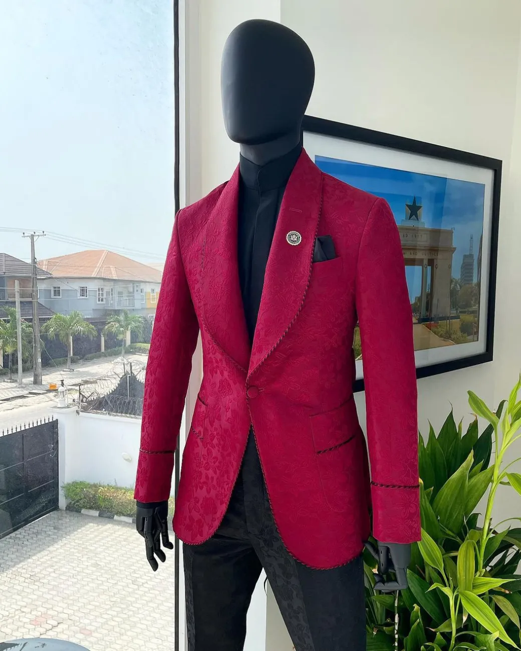 A Crimson Red, Floral Pattern Shawl Lapel Tuxedo Suit