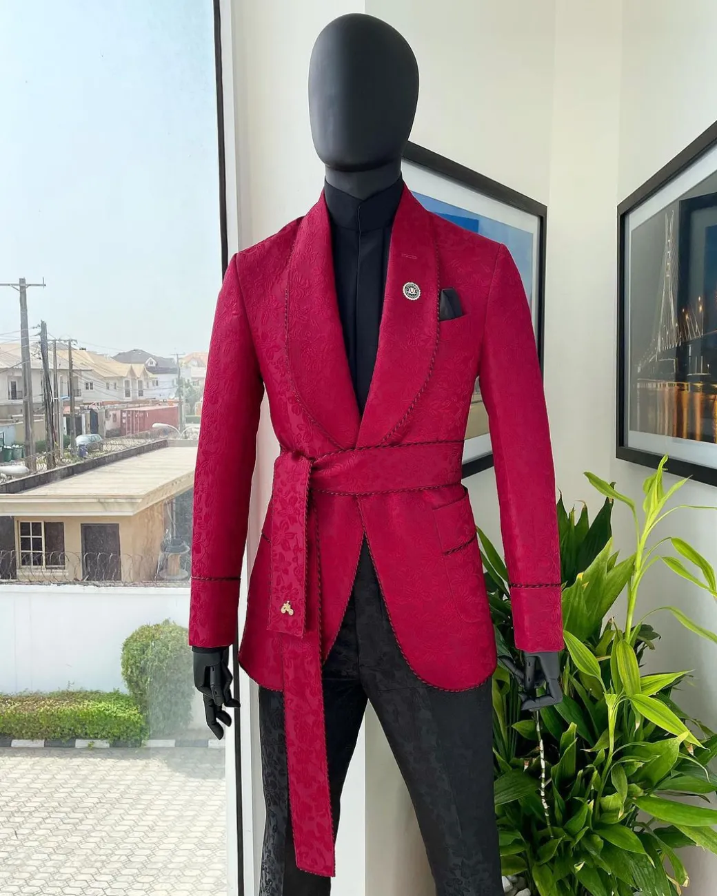 A Crimson Red, Floral Pattern Shawl Lapel “Smoking” Tuxedo Suit