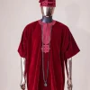 A crimson red, U shaped neck, letters floral, 3/4 sleeve embroidery details African senator kaftan native.