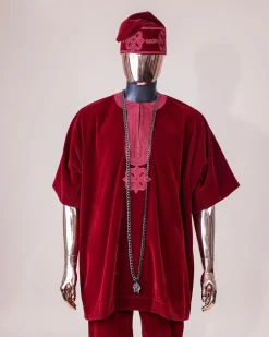 A crimson red, U shaped neck, letters floral, 3/4 sleeve embroidery details African senator kaftan native.