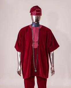 A crimson red, U shaped neck, letters floral, 3/4 sleeve embroidery details African senator kaftan native.