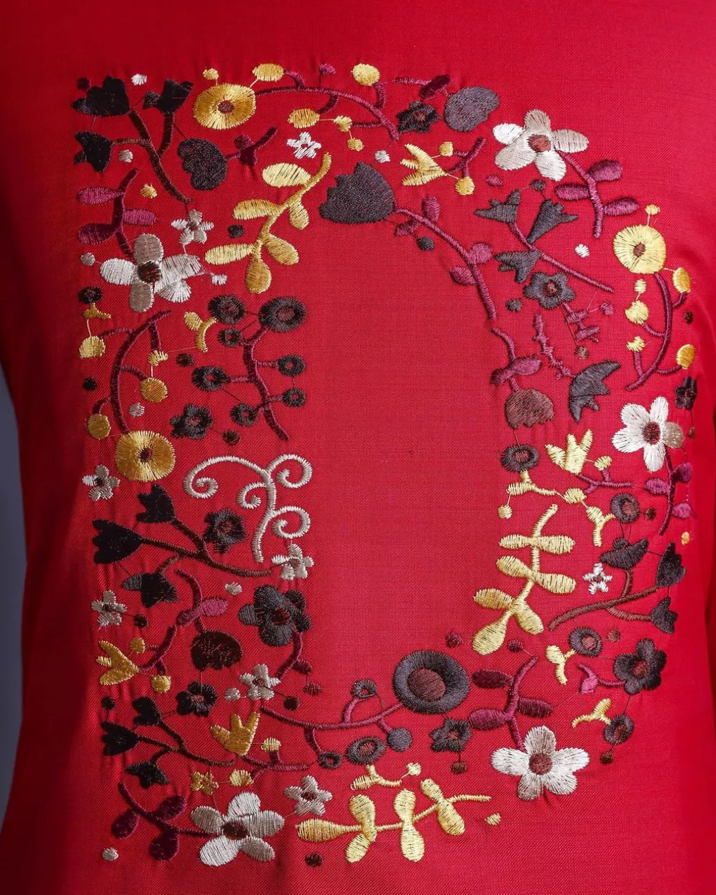A Crimson red, U-shaped neck, letters floral, 3/4 sleeve embroidery detail African senator Kaftan.