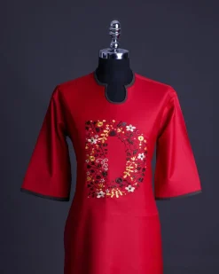 A Crimson red, U-shaped neck, letters floral, 3/4 sleeve embroidery detail African senator Kaftan.