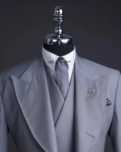 A Dark cloud grey, knitted, peak lapel suit, double breasted waist coat & pant Trouser