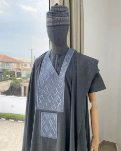 A Dark Irish Grey with connected square embroidery Agbada, senator kaftan and sokoto