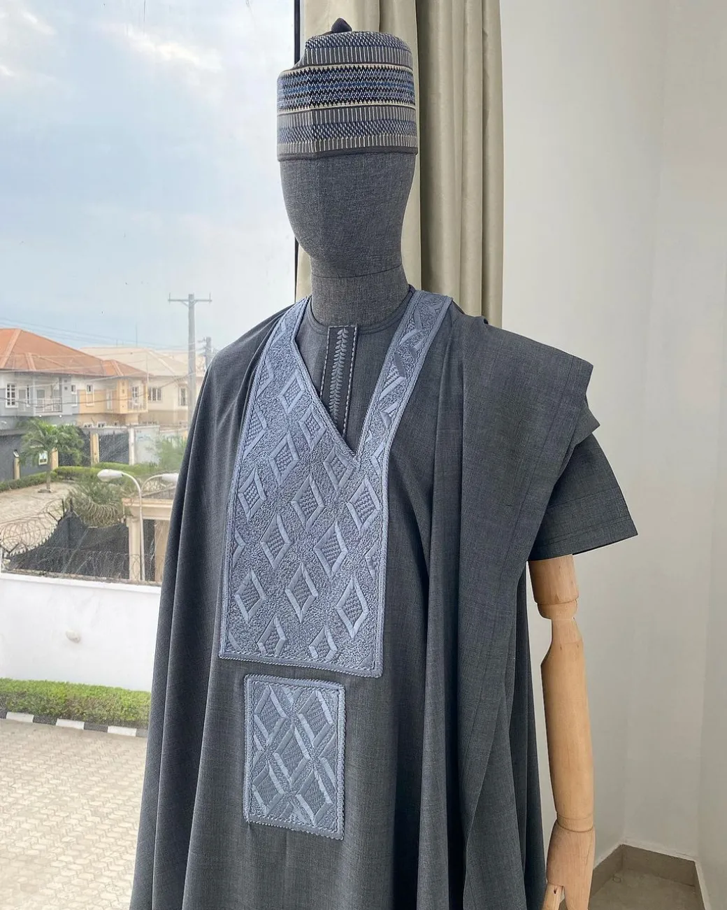 A Dark Irish Grey with connected square embroidery Agbada, senator kaftan and sokoto