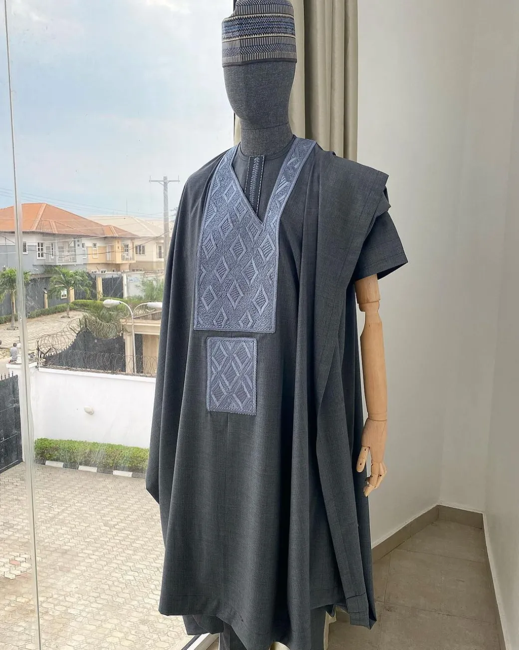 A Dark Irish Grey with connected square embroidery Agbada, senator kaftan and sokoto