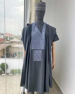 A Dark Irish Grey with connected square embroidery Agbada, senator kaftan and sokoto