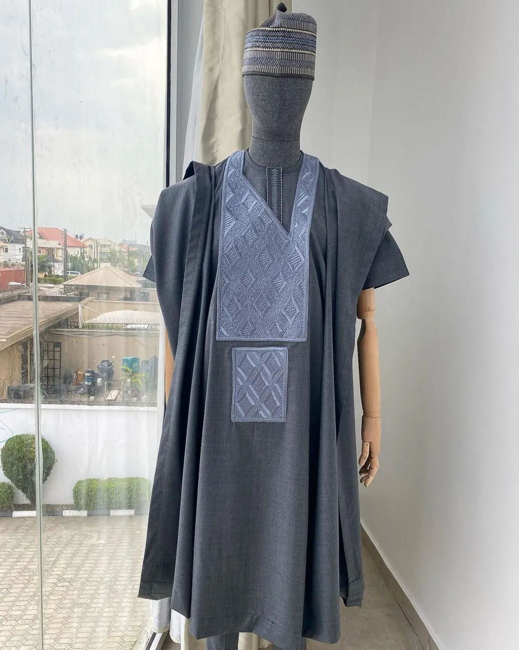 A Dark Irish Grey with connected square embroidery Agbada, senator kaftan and sokoto