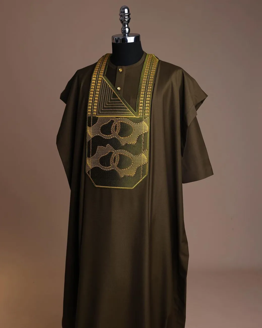 A Dark Olive Green, Connected Medulla And Wooven Pattern Embroidery Detailing Agbada
