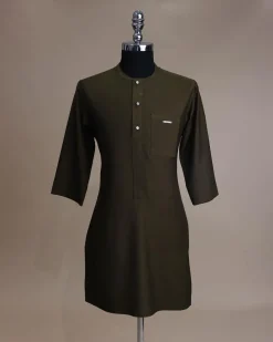 A Dark Olive Green, Front Flap With Clear View Swarovski Button, 3/4 Sleeve African Senator Kaftan Native.