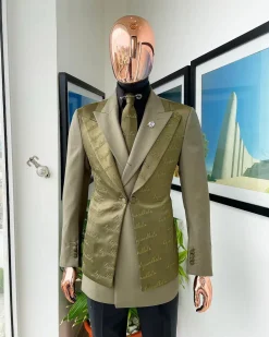A Dark olive green “scritto” (inscribe your name), layered 4 lapels, double-breasted, out-waisted jointed jacket