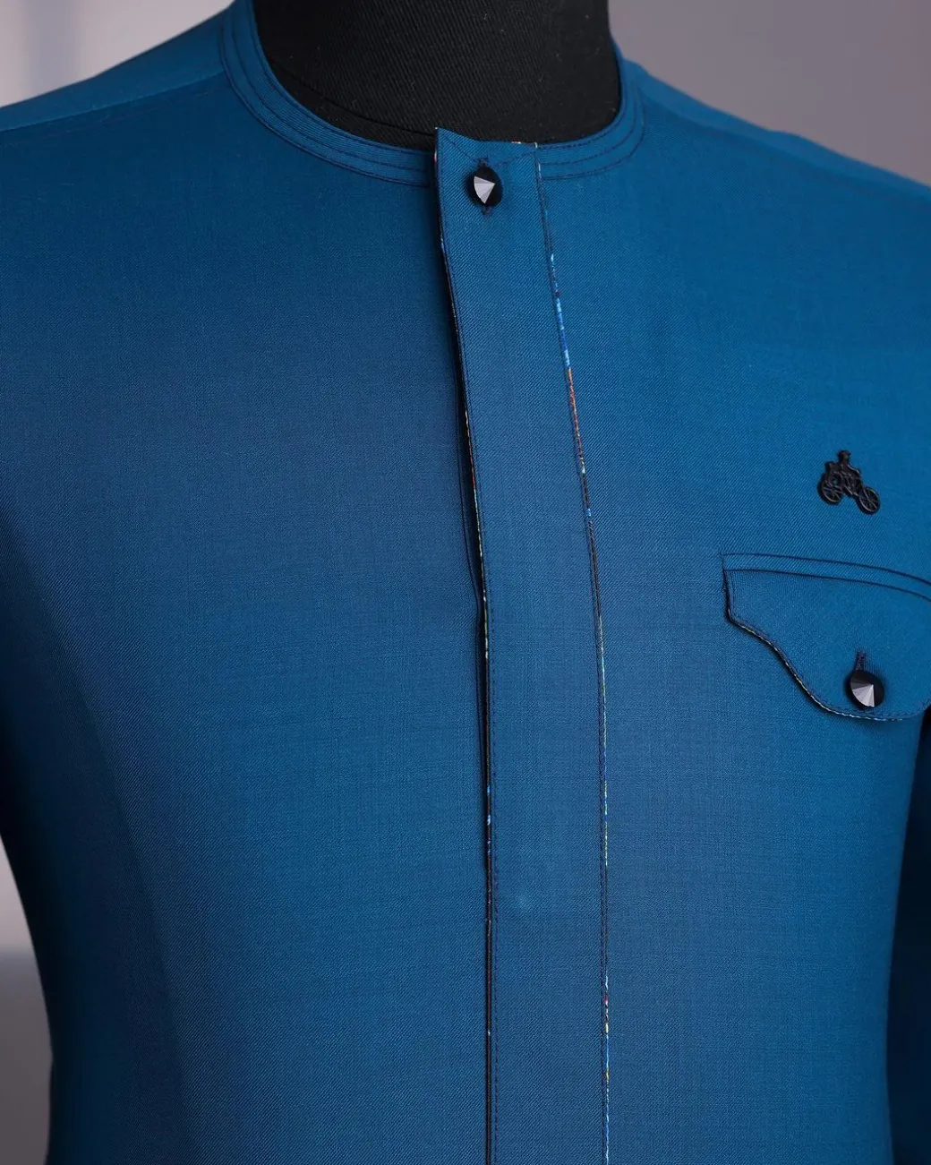 A Dark Sapphire Blue, Front Flap With Black Swarovski Button, 3/4-Sleeve African Senator Kaftan Native