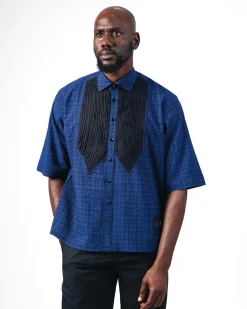 A Dark Skye blue and black Checkered, front pointed pleat, jet black studded Swarovski button, short sleeve, wide-cut casual shirt