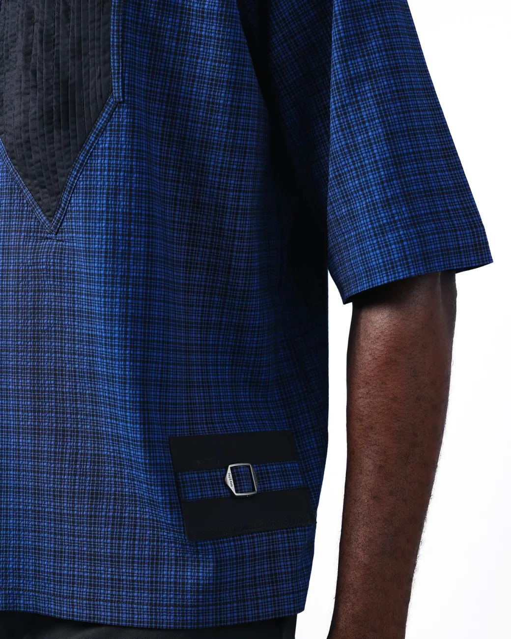 A Dark Skye blue and black Checkered, front pointed pleat, jet black studded Swarovski button, short sleeve, wide-cut casual shirt