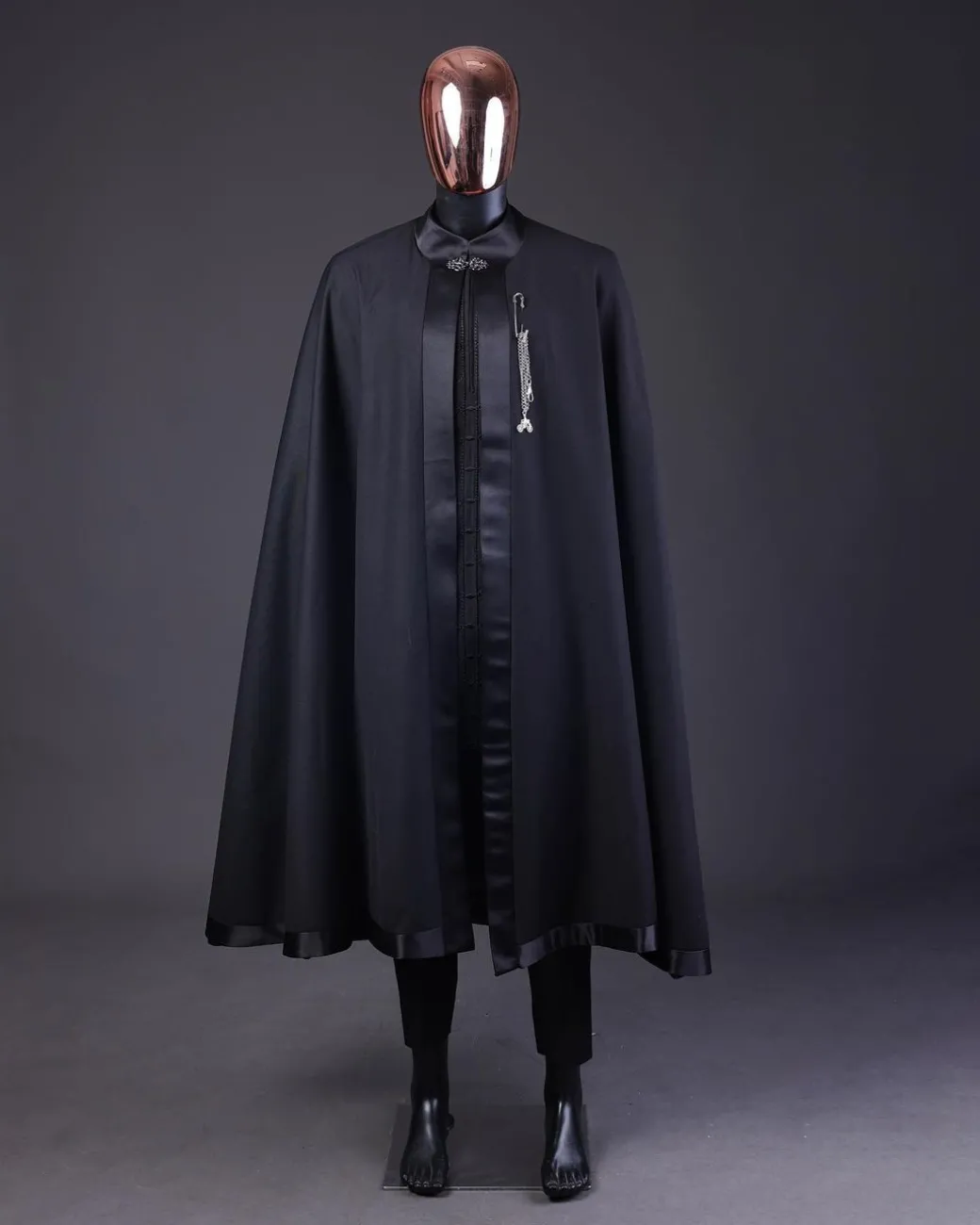 A “Darth Vader” Monochrome Charcoal Black Cape With Silk Taping, Long Sleeve African Senator Safari Kaftan Native & sokoto