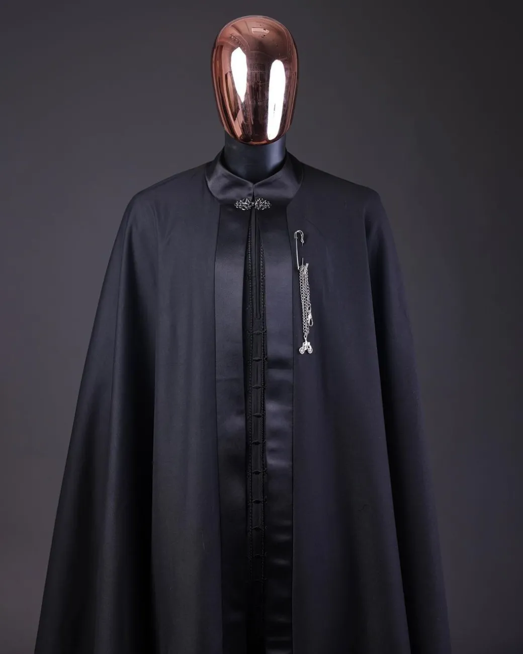 A “Darth Vader” Monochrome Charcoal Black Cape With Silk Taping, Long Sleeve African Senator Safari Kaftan Native & sokoto