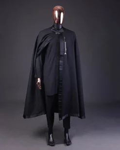 A “Darth Vader” Monochrome Charcoal Black Cape With Silk Taping, Long Sleeve African Senator Safari Kaftan Native & sokoto
