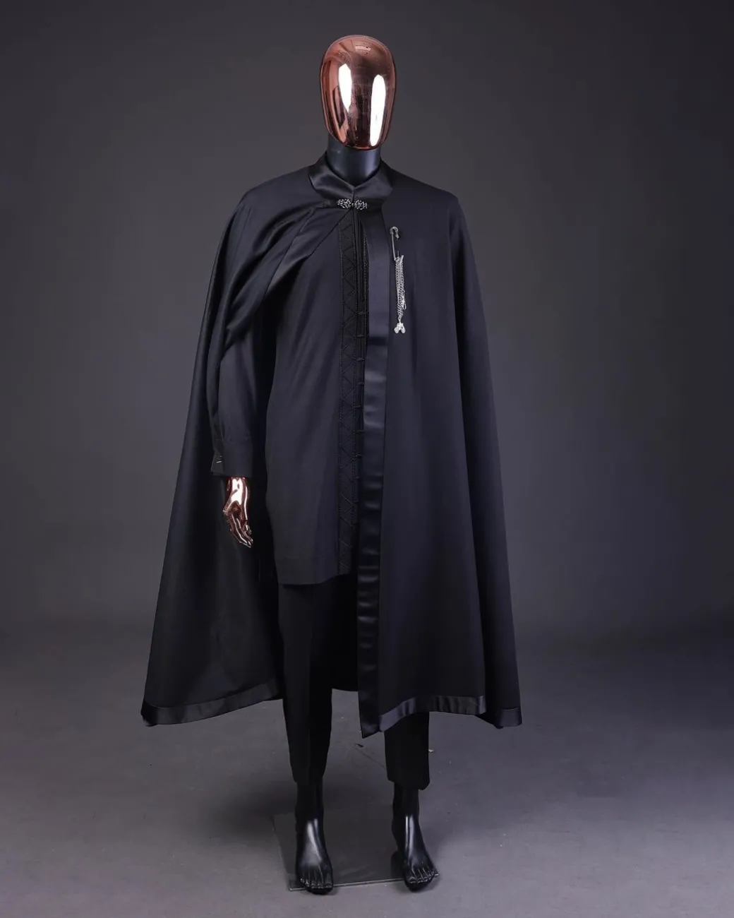 A “Darth Vader” Monochrome Charcoal Black Cape With Silk Taping, Long Sleeve African Senator Safari Kaftan Native & sokoto