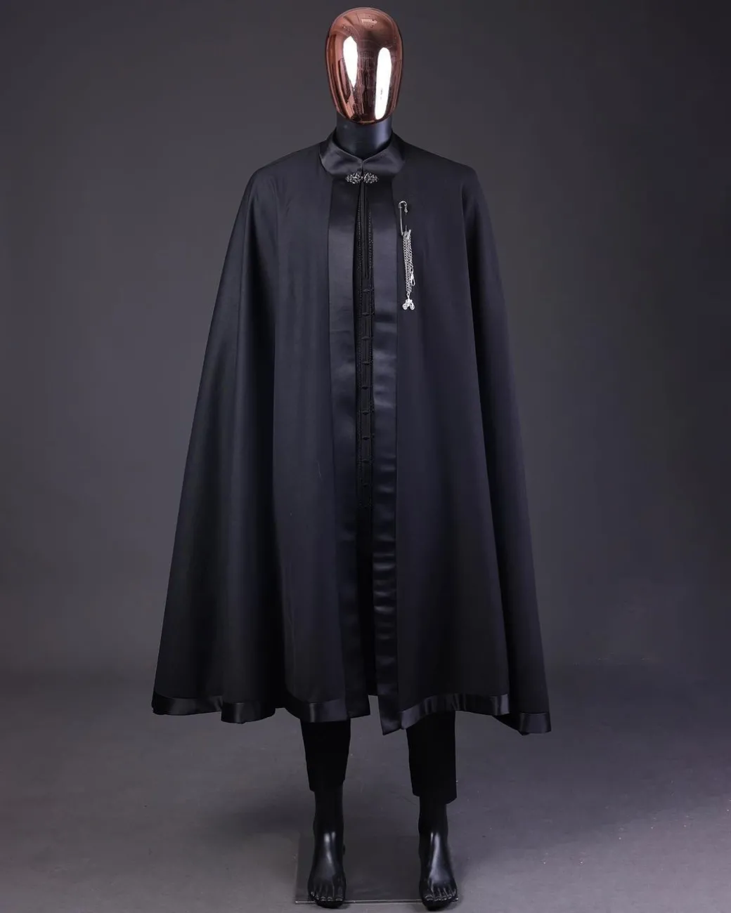 A “Darth Vader” Monochrome Charcoal Black Cape With Silk Taping, Long Sleeve African Senator Safari Kaftan Native & sokoto