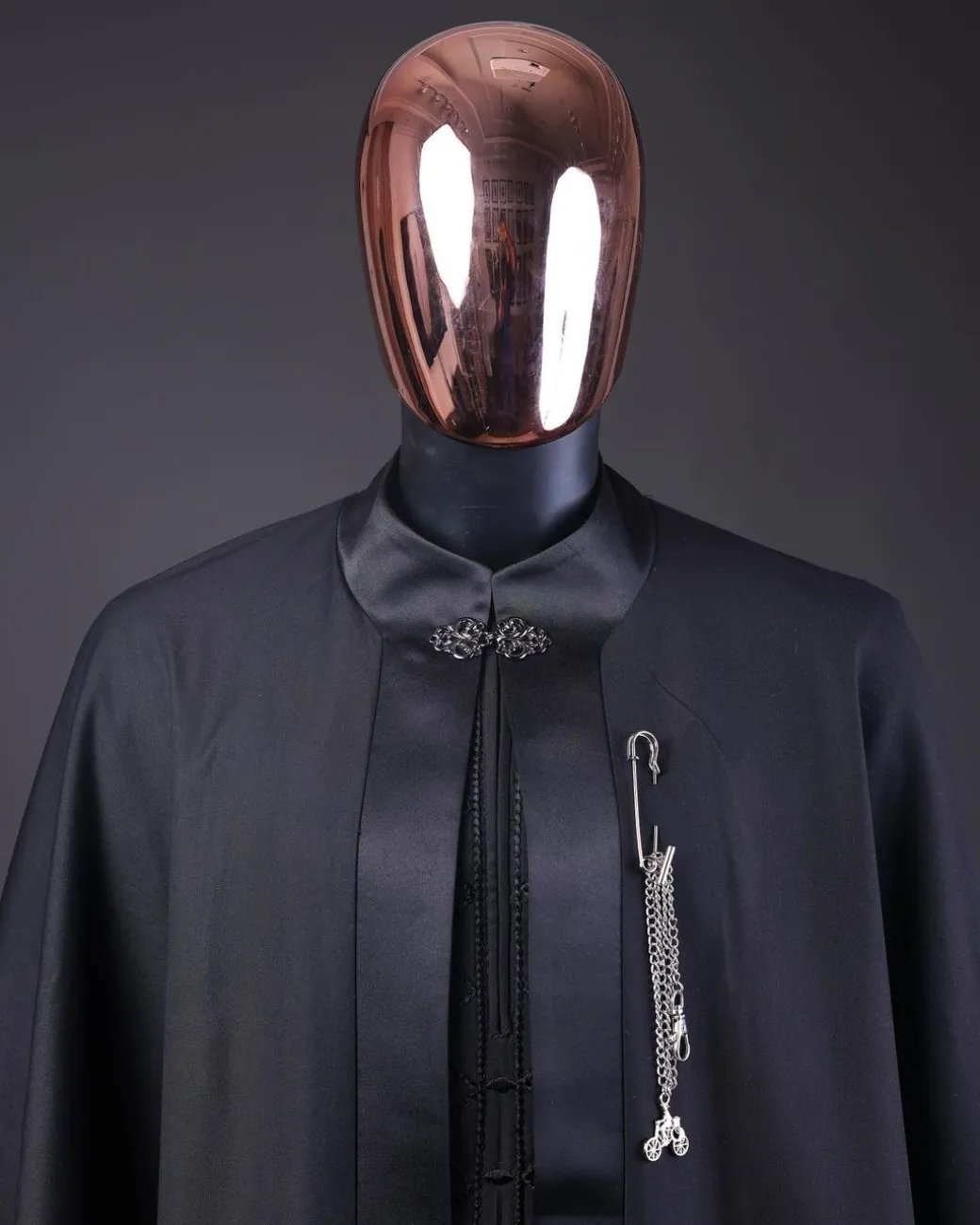 A “Darth Vader” Monochrome Charcoal Black Cape With Silk Taping, Long Sleeve African Senator Safari Kaftan Native & sokoto