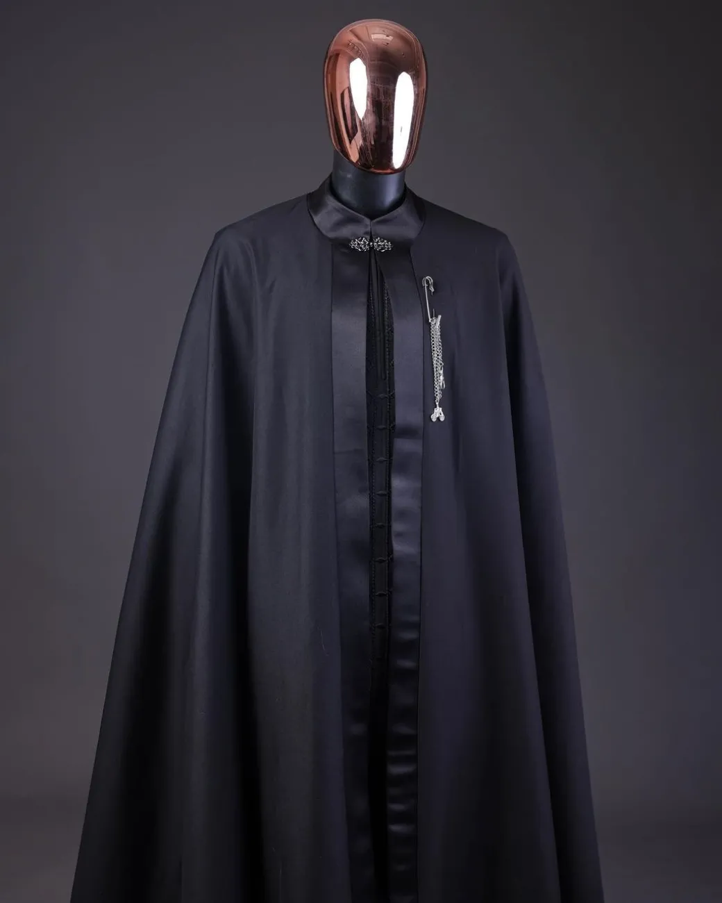 A “Darth Vader” Monochrome Charcoal Black Cape With Silk Taping, Long Sleeve African Senator Safari Kaftan Native & sokoto