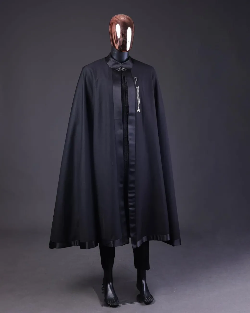 A “Darth Vader” Monochrome Charcoal Black Cape With Silk Taping, Long Sleeve African Senator Safari Kaftan Native & sokoto