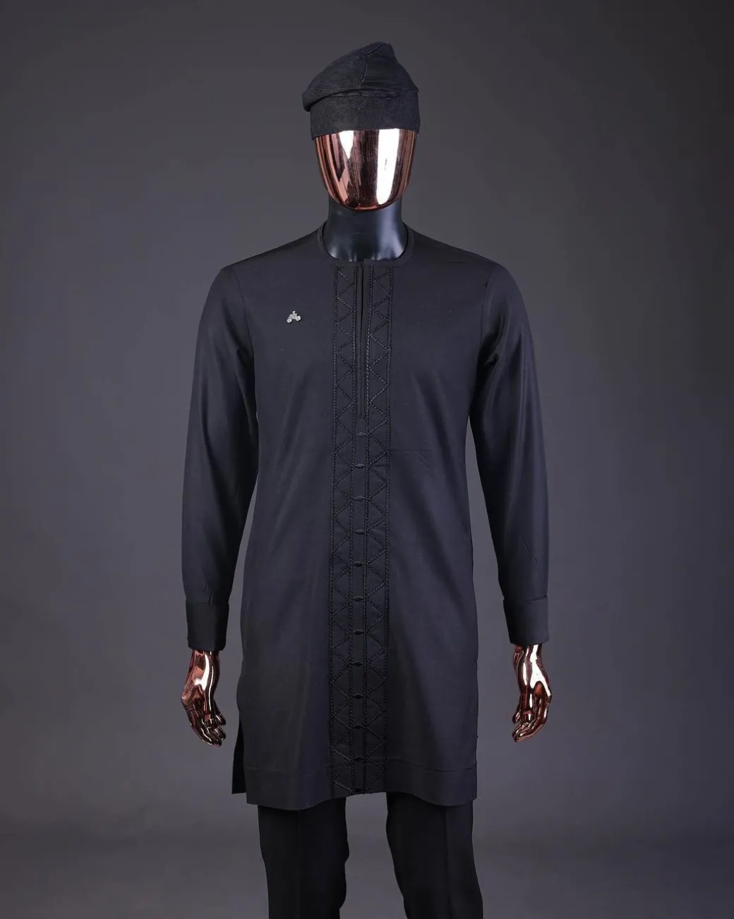 A “Darth Vader” Monochrome Charcoal Black Cape With Silk Taping, Long Sleeve African Senator Safari Kaftan Native & sokoto