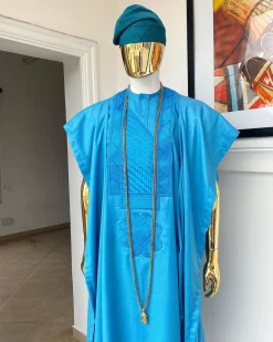 A Deep sky blue Embroidery Agbada, hand knitted aso oke cap, kaftan and sokoto