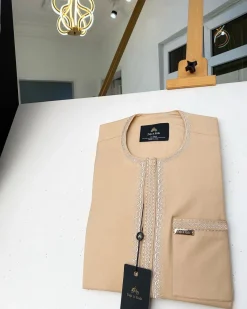 A Detailed Champagne Gold Embroidery Senator Kaftan