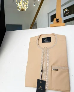 A Detailed Champagne Gold Embroidery Senator Kaftan