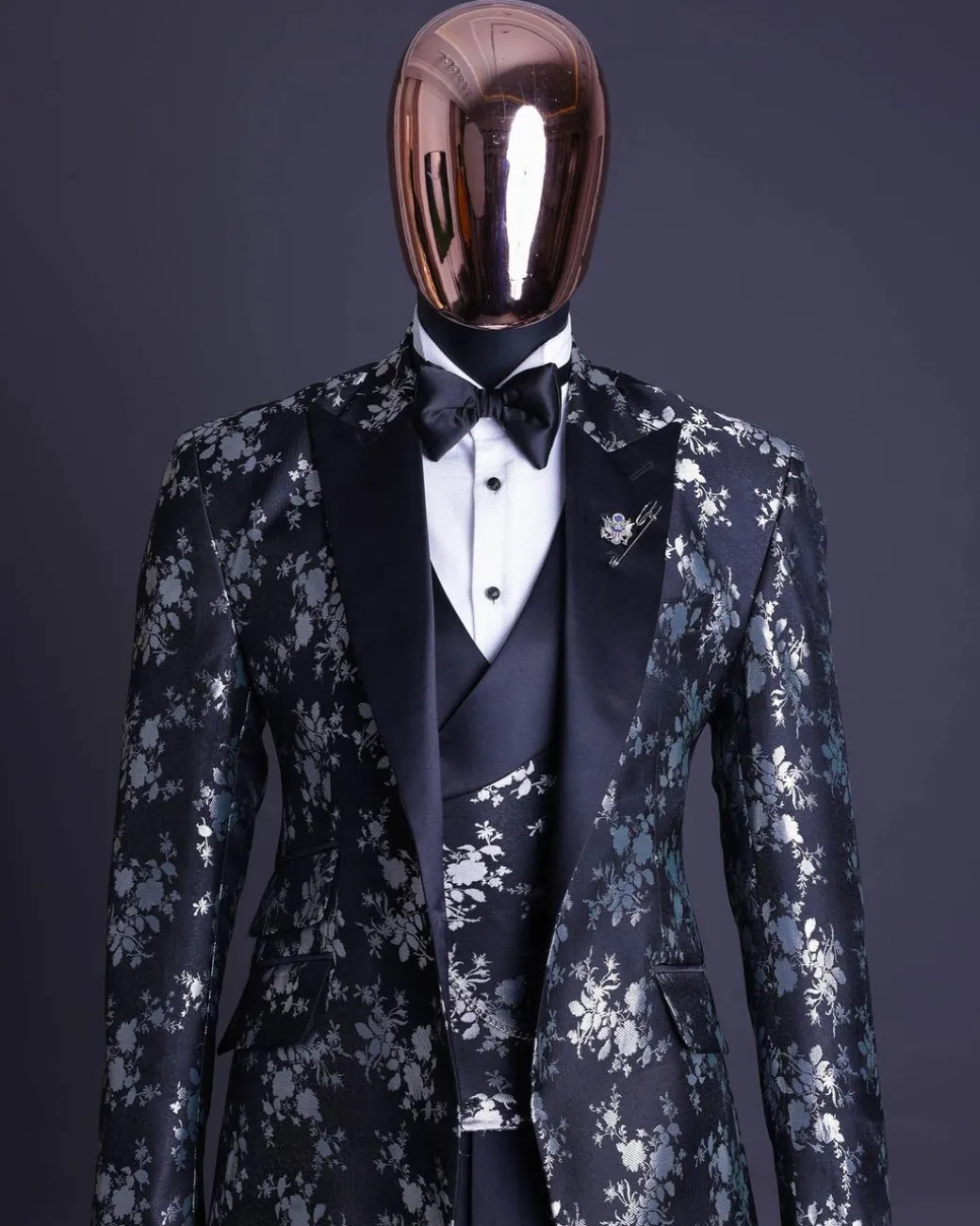 A Dispersed Charcoal black & splashed silver jacquard tuxedo suit