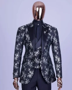 A Dispersed Charcoal black and splashed silver jacquard tuxedo suit.
