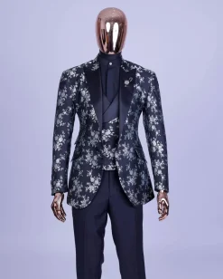 A Dispersed Charcoal black and splashed silver jacquard tuxedo suit.