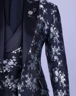 A Dispersed Charcoal black and splashed silver jacquard tuxedo suit.