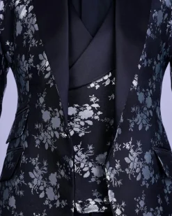 A Dispersed Charcoal black and splashed silver jacquard tuxedo suit.
