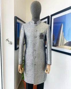 A Dispersed Silver & black metallic jacquard reloaded “Namaste” Indian Sherwani Traditional wedding safari suit.
