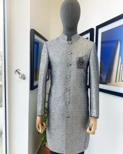 A Dispersed Silver & black metallic jacquard  reloaded “Namaste” Indian Sherwani Traditional wedding safari suit.