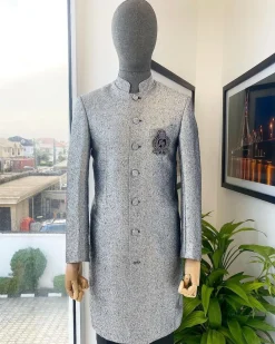 A Dispersed Silver & black metallic jacquard reloaded “Namaste” Indian Sherwani Traditional wedding safari suit.